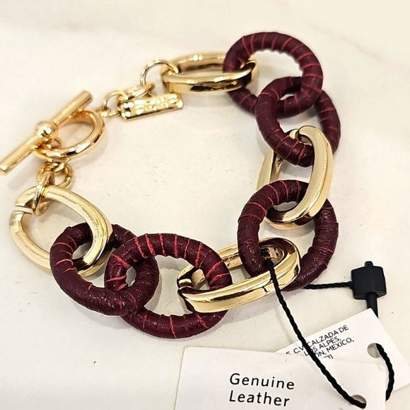 WHBM Genuine Leather Wrapped & Faux Gold Chain Link Bracelet Western Rustic - Picture 3 of 8